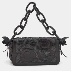 Pre Owned Bottega Veneta Black Intrecciato Leather Limited Edition 097/150 Floral Applique Sienna Bag