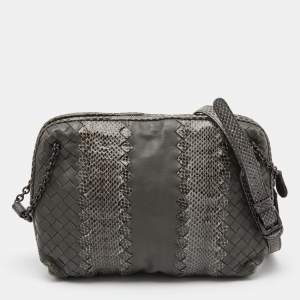Pre Owned Bottega Veneta Grey Intrecciato Leather and Snakeskin Nodini Crossbody Bag