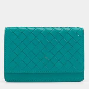 Pre Owned Bottega Veneta Green Intrecciato Leather Business Card Holder