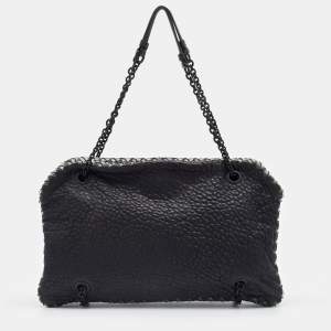Pre Owned Bottega Veneta Black Textured Leather Chain Shoulder Bag