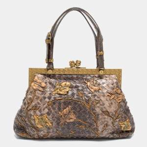 Pre Owned Bottega Veneta Brown Lizard Lavorazione Fatta a Aano Frame Satchel