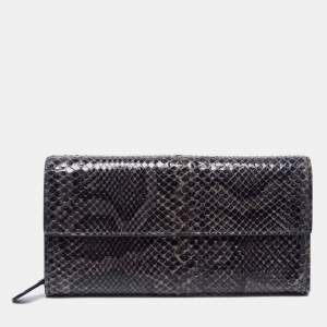 Pre Owned Bottega Veneta Black/Grey Python Leather Continental Wallet