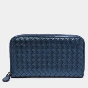Pre Owned Bottega Veneta Metallic Blue Intrecciato Leather Zip Around Wallet