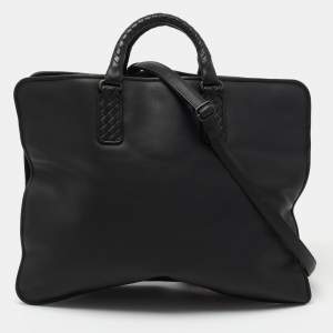 Bottega Veneta Black Intrecciato Leather Middle Zip Briefcase