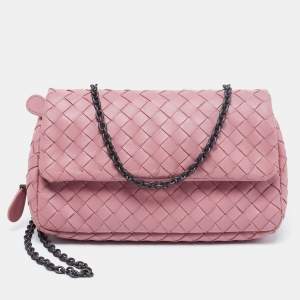 Pre Owned Bottega Veneta Pink Intrecciato Leather Small Flap Chain Crossbody Bag