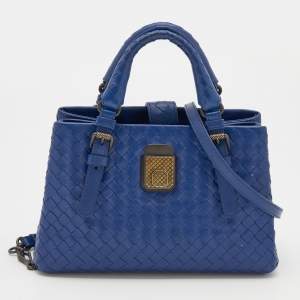 Pre Owned Bottega Veneta Blue Intrecciato Leather Mini Roma Tote