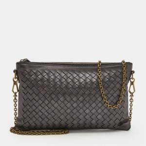 Pre Owned Bottega Veneta Dark Grey Intrecciato Leather Chain Shoulder Bag