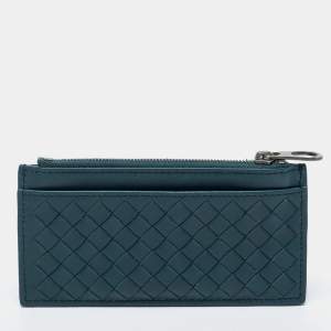 Pre Owned Bottega Veneta Teal Intrecciato Leather Zip Card Holder