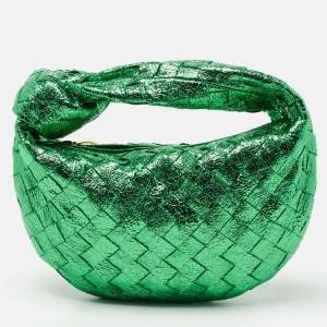 Pre Owned Bottega Veneta Metallic Green Intrecciato Leather Mini BV Jodie Bag