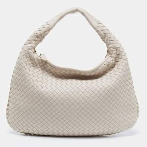 Pre Owned Bottega Veneta White Intrecciato Leather Medium Veneta Hobo