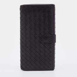 Pre Owned Bottega Veneta Dark Brown Intrecciato Leather Long Continental Wallet
