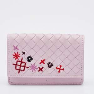Pre Owned Bottega Veneta Pink Intrecciato Leather Business Card Case