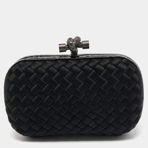 Pre Owned Bottega Veneta Black Intrecciato Satin and Snakeskin Trim Knot Clutch