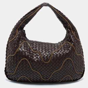 Pre Owned Bottega Veneta Brown Intrecciato Leather Chain Link Hobo