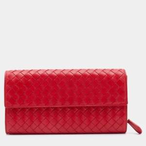 Bottega Veneta Red Intrecciato Leather Continental Flap Wallet