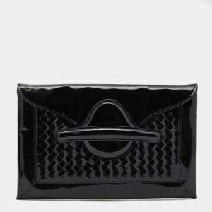 Pre Owned Bottega Veneta Black Patent Leather Envelope Clutch