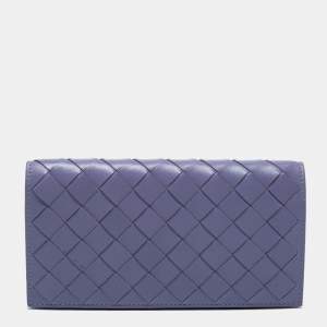 Pre Owned Bottega Veneta Purple Intrecciato Leather Flap Continental Wallet