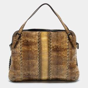 Pre Owned Bottega Veneta Beige Watersnake Double Zip Satchel