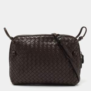 Pre Owned Bottega Veneta Dark Brown Intrecciato Leather Nodini Crossbody Bag