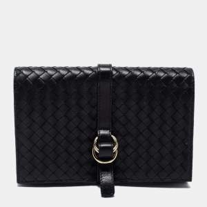 Pre Owned Bottega Veneta Black Intrecciato Leather Flap Clutch