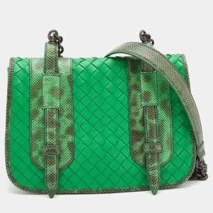 Pre Owned Bottega Veneta Green Karung and Leather Shoulder Bag