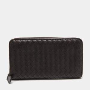 Bottega Veneta Dark Brown Intrecciato Leather Zip Around Continental Wallet