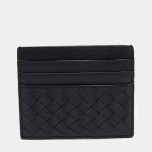 Pre Owned Bottega Veneta Black Intrecciato Leather Card Holder