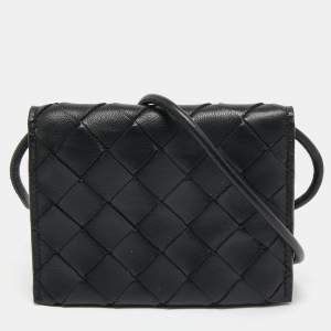 Pre Owned Bottega Veneta Black Intrecciato Leather Wallet On Strap
