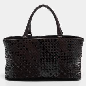 Pre Owned Bottega Veneta Brown/Black Intrecciato Patent Leather and Suede Cabat Tote