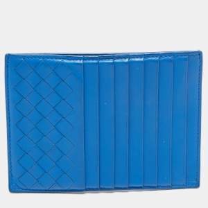 Pre Owned Bottega Veneta Blue Intrecciato Leather Card Holder 