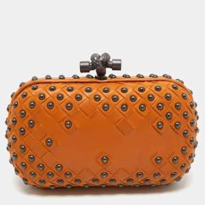 Pre Owned Bottega Veneta Apricot Leather Studded Knot Clutch