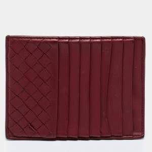 Pre Owned Bottega Veneta Red Leather Zip Card Holder