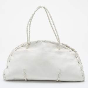 Pre Owned Bottega Veneta White Leather Braided Edge Satchel