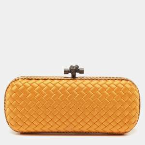 Pre Owned Bottega Veneta Orange Intrecciato Satin and Snakeskin Trim Knot Clutch