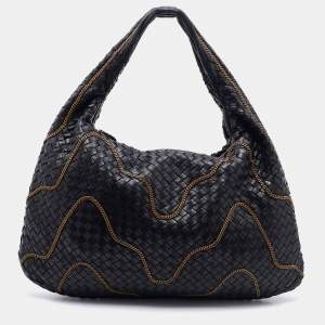Pre Owned Bottega Veneta Black Intrecciato Leather Chain Link Veneta Hobo