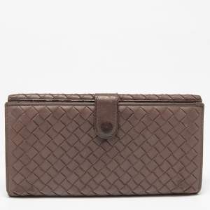 Pre Owned Bottega Veneta Brown Intrecciato Leather French Flap Continental Wallet
