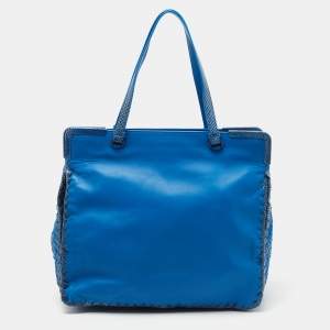 Bottega Veneta Blue Intrecciato Leather and Karung Frame Tote
