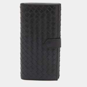 Pre Owned Bottega Veneta Black Intrecciato Leather Flap Continental Wallet