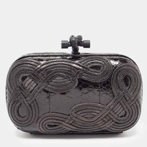 Pre Owned Bottega Veneta Black Python Embroidered Thread Knot Clutch