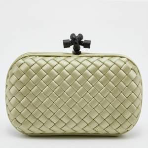 Pre Owned Bottega Veneta Light Green Intrecciato Satin Knot Clutch
