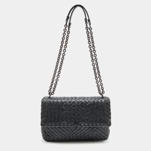 Pre Owned Bottega Veneta Black Intrecciato Leather Olimpia Flap Shoulder Bag