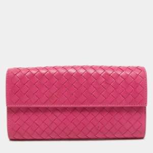 Pre Owned Bottega Veneta Pink Intrecciato Leather Flap Zip Around Wallet