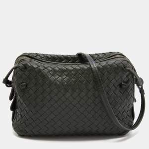 Pre Owned Bottega Veneta Dark Green Intrecciato Leather Nodini Double Zip Crossbody Bag