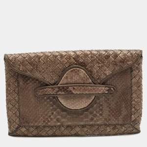 Pre Owned Bottega Veneta Dark Beige Python Envelope Clutch