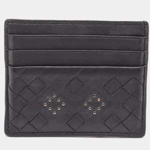Pre Owned Bottega Veneta Black Intrecciato Leather Studded Card Holder