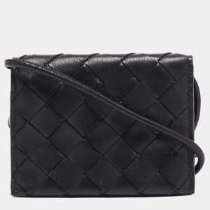 Pre Owned Bottega Veneta Black Intrecciato Leather Wallet On Strap