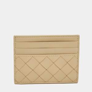 Pre Owned Bottega Veneta Beige Intrecciato Leather Card Holder
