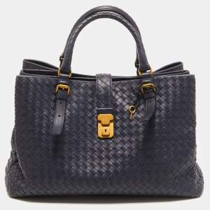 Pre Owned Bottega Veneta Navy Blue Intrecciato Leather Medium Roma Tote
