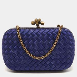 Pre Owned Bottega Veneta Blue Intrecciato Satin and Watersnake Leather Knot Chain Clutch