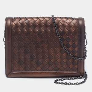 Pre Owned Bottega Veneta Bronze Intrecciato Leather Flap Chain Shoulder Bag